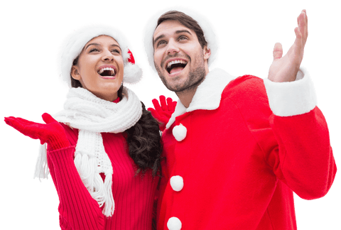 Joyful Caucasian Couple in Santa Hats on Transparent Background