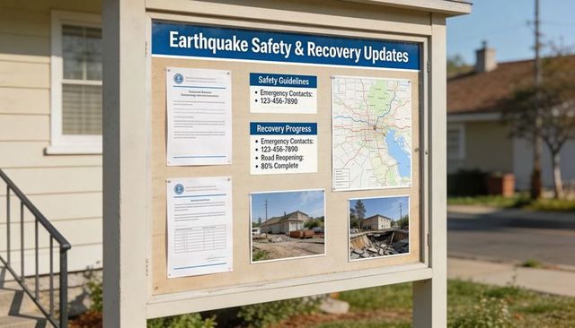 Community earthquake safety bulletin board showing recovery updates and map