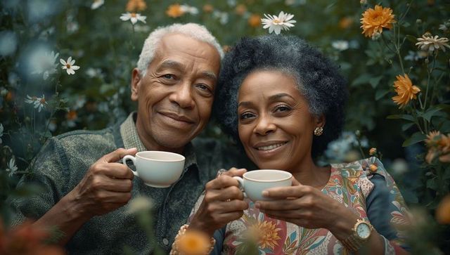 Smiling Senior Couple Enjoying Tea in Blooming Garden