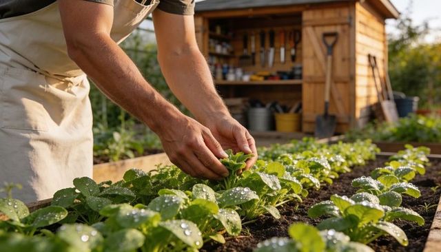 Gardener tending dewy lettuce in raised bed with wooden shed tools and morning sunlight