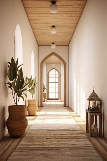 The long, minimalist hallway features an inviting boho decor with potted plants and wooden ceiling. Natural lighting streams through the large windows, casting warm tones and shadows along the floor. Ideal for magazines, blog updates on interior design trends, home decor inspiration, or advertisements promoting home decor products.