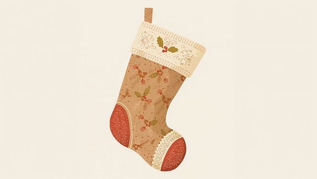 Vintage holiday stocking featuring holly embroidery, knitted cuff and hanging loop