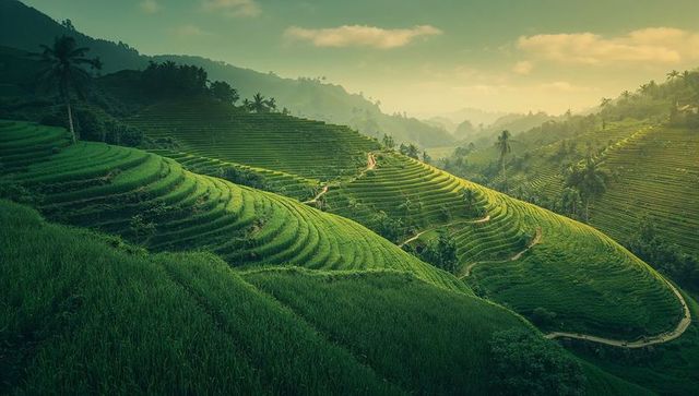 Curving terraced rice paddies cascading across lush tropical hillside at golden hour light