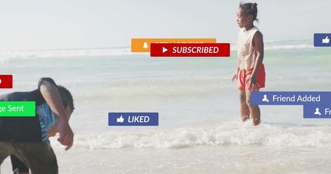 Children playing on sunlit beach with social media notification overlays for digital life