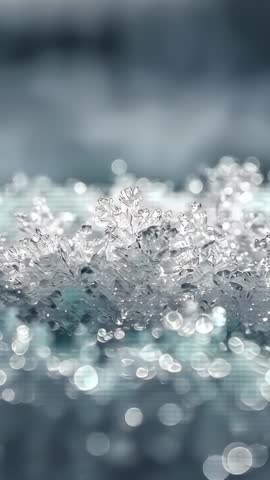 Vertical macro video revealing glittering ice crystal cluster with pastel bokeh and glints