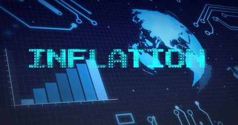 Pixelated neon inflation dashboard displaying rising bar chart and futuristic globe