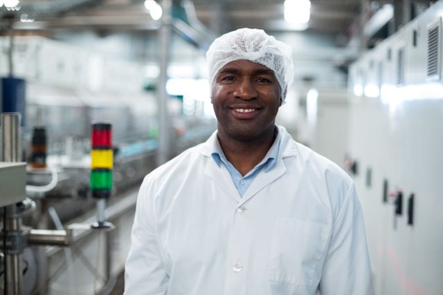 Portrait of smiling factory engineer standing in bottle factory