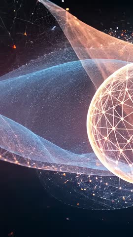 Vertical neon wireframe orb rotating with flowing mesh waves and glowing sparks