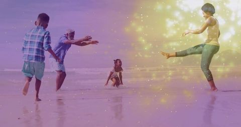 Joyful Family Playing on Beach with Magical Sparkles