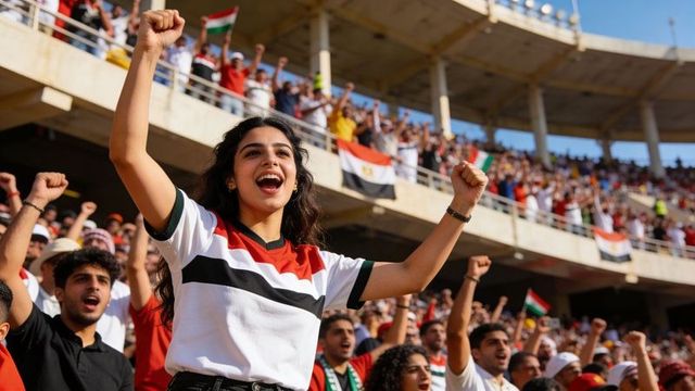 Egyptian fans cheering in stadium woman leading crowd with raised fists and flags