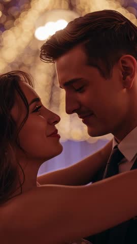 Vertical gala slow-dance couple leaning in under warm bokeh lights, intimate close-up