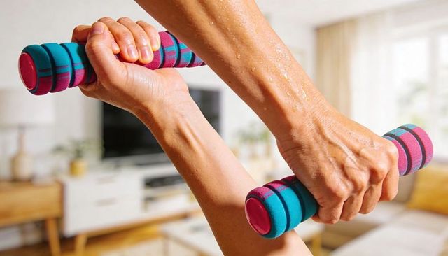Sweaty arms lifting teal pink foam dumbbells during home workout, focused strength training sunlight