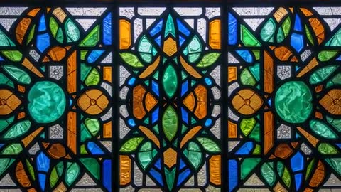 Vibrant Stained Glass Window with Leafy Pattern and Amber Accents in Chapel