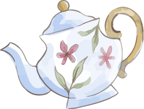 Watercolor Porcelain Teapot with Pink Blossoms on Transparent Background