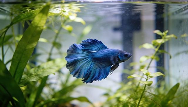 Blue betta swimming, flaring iridescent fins in planted aquarium waterline