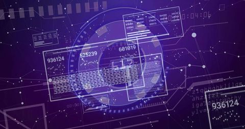 Futuristic Holographic HUD with Data Panels and Network Readouts in Purple Cyber Interface