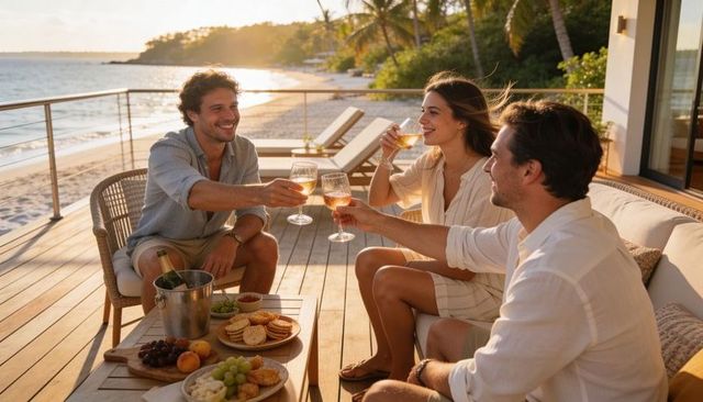 Sunset rosé toast on beachfront deck with friends enjoying cheese platter and ocean view