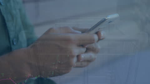 Person Using Smartphone with Data Overlay on Screen