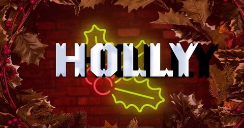 Festive Holly Banner with Neon Mistletoe Icon on Brick Wall