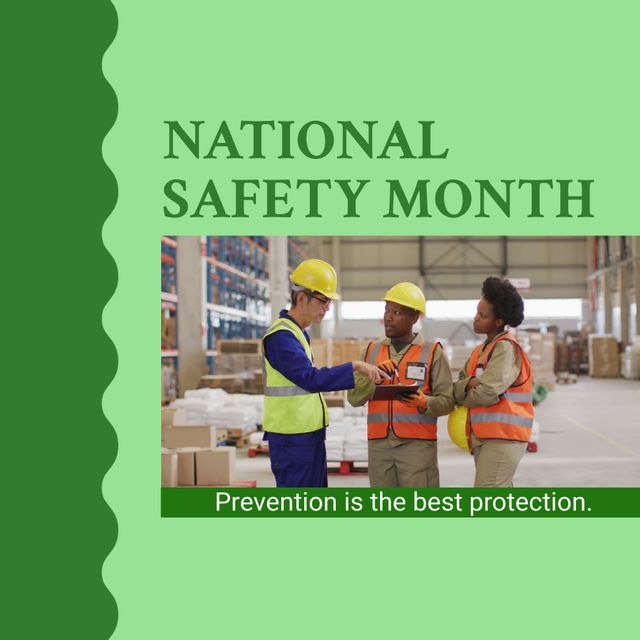 National Safety Month - Diverse Workers Discussing Safety in Warehouse - Download Free Stock Templates Pikwizard.com