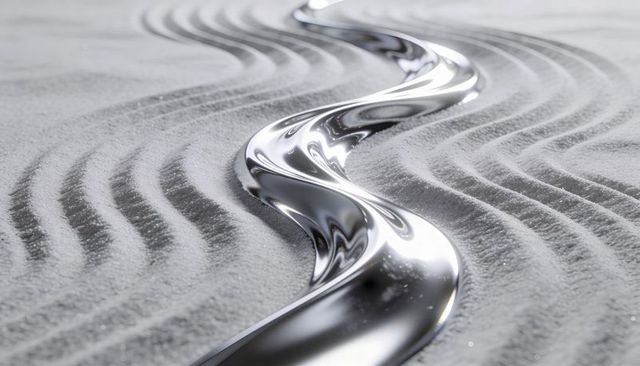 Flowing liquid metal ribbon snaking across grooved sand reflective silvery abstract zen