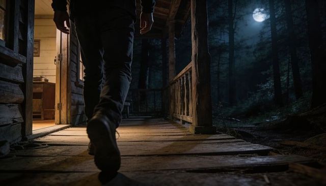 Walking across moonlit cabin porch toward dark forest