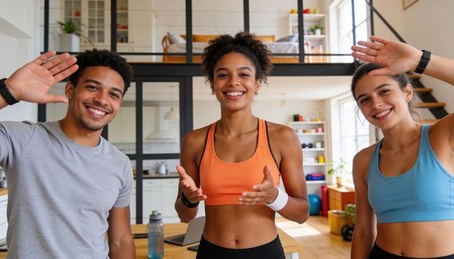 Leading trainer guiding energetic home workout with smiling group in sunlit loft