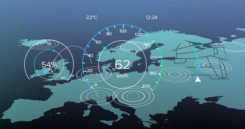 Digital interface showing battery status and speedometer on world map