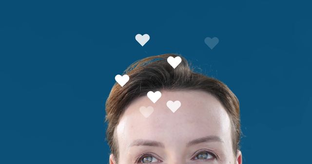 Image of heart shapes flying over caucasian young woman raising eyebrows over blue background - Download Free Stock Photos Pikwizard.com