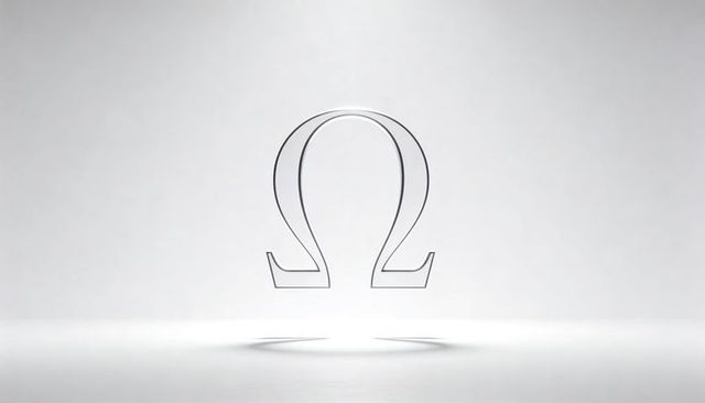 Floating Omega symbol hovering above glossy floor casting shadow minimalist outline logo
