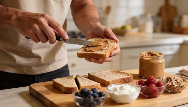 Spreading peanut butter on whole grain bread with berries, yogurt and oats
