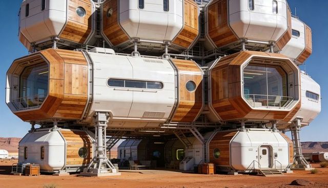Stacked Modular Octagonal Habitat with Wood Cladding and Glass Portals on Red Desert Plain