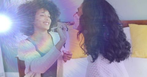Mother and Daughter Applying Makeup Sharing Joyful Bonding Moment Home Beauty Routine
