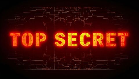 Glowing top secret neon text pulsing over futuristic circuit board with cyberpunk halo