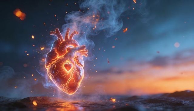 Levitating glowing anatomical heart emitting embers and blue smoke at dusk