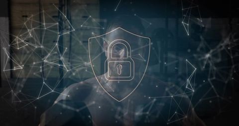 Futuristic cybersecurity shield with padlock overlay protecting network and data privacy