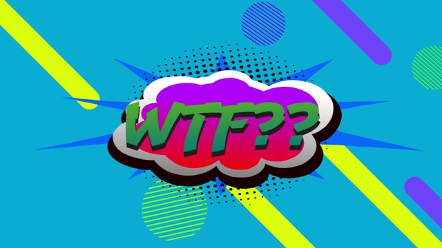 Vibrant pop art style illustration featuring a 'WTF' text in a colorful speech bubble against an abstract blue background with varied geometric shapes. Ideal for modern graphic design projects conveying surprise or playful sarcasm, suitable for digital marketing campaigns, social media content or artistic decorations focused on humorous expressions.