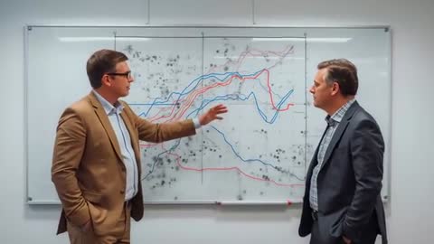 Executive presenting line chart on glass whiteboard while colleague listening business strategy clip