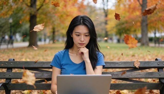 Young asian woman typing on laptop on park bench amid falling autumn leaves, outdoor workspace