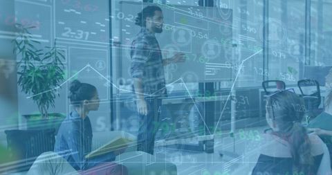 Digital finance data overlay on business people in meeting