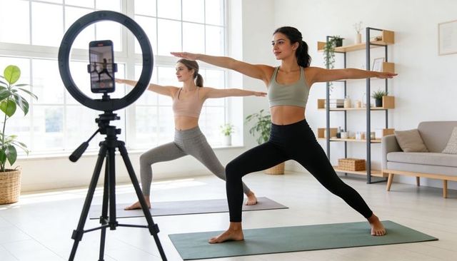 Two women practicing warrior ii yoga at home filming with ring light and phone