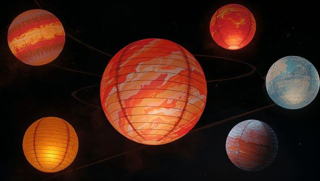 Glowing orange-red planetary lanterns orbiting dark starfield with orbital rings
