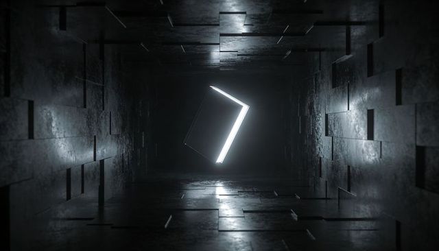Floating Glowing Angular Frame in Dark Industrial Tunnel with Reflective Floor