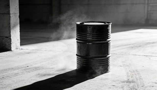 Rusty Metal Barrel Emitting Vapor on Sunlit Concrete Floor Inside Abandoned Warehouse