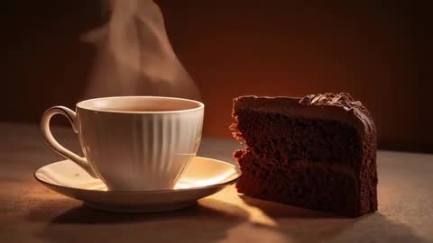 Steaming Cup of Coffee Paired with Chocolate Cake Slice in Warm Low-Light Tabletop Video