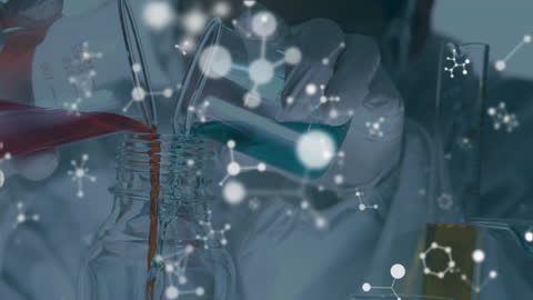 Scientist Pouring Chemicals with Molecular Structures Animation