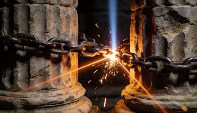 Plasma torch cutting rusted chain between weathered fluted stone columns with flying sparks