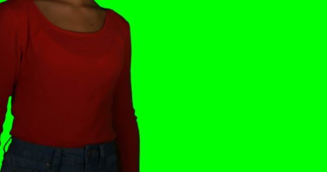 Woman Wearing Red Shirt and Denim Pants on Green Screen Background - Download Free Stock Images Pikwizard.com