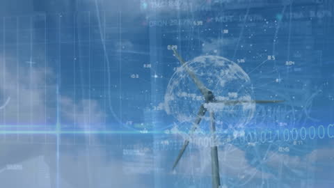 Wind Turbine with Digital Globe and Financial Data Overlay