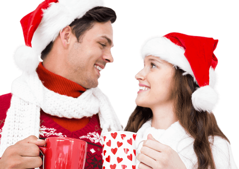 Cheerful Couple in Santa Hats Enjoying Coffee on Transparent Background